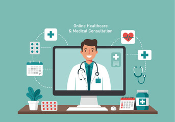 Doctor provides online healthcare and medical consultation via video call on computer screen with medical icons.