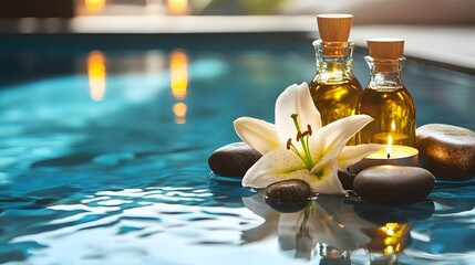 Serene Spa Scene: Lily Flower, Essential Oils, and Candles on Water