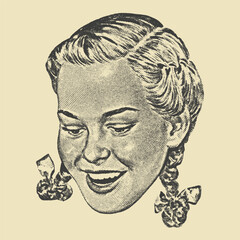 A cheerful vintage illustration of a smiling young girl with braided hair, exuding innocence and happiness.