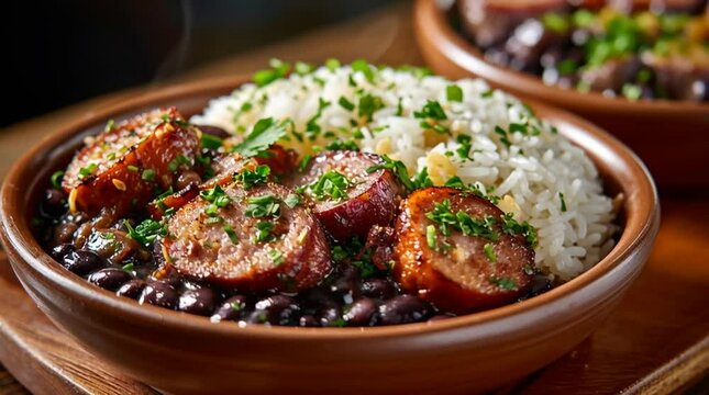 Close up of feijoada with sausage and rice in a brown bowl on a wooden surface dish presentation