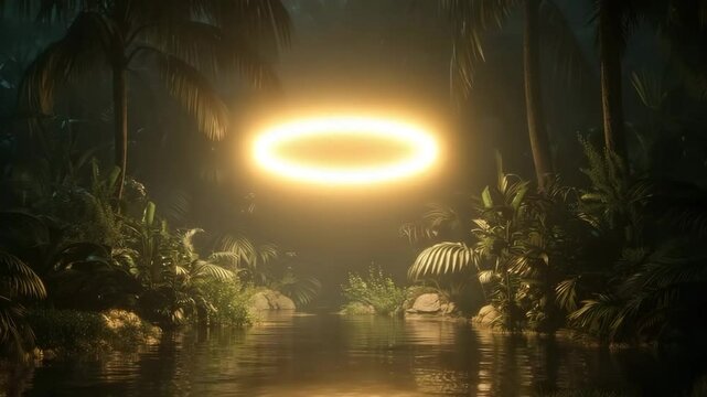 Glowing Golden Halo in Night Jungle &ndash; Ultra HD 8K Cinematic Render with Tropical Foliage, Still Water Reflection