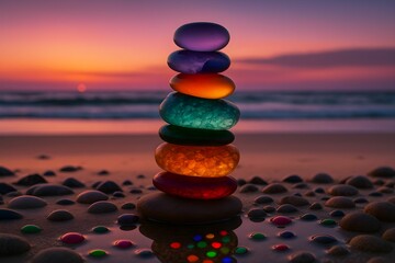 Colorful stones stacked on a beach at sunset with reflective water showing vibrant hues