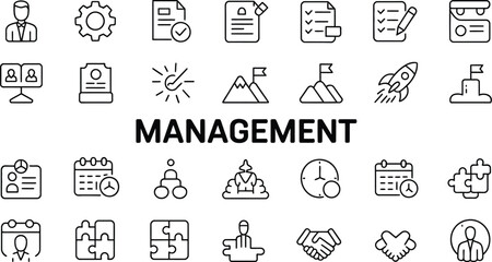 Illustration of management icons including documents, gears, and collaboration