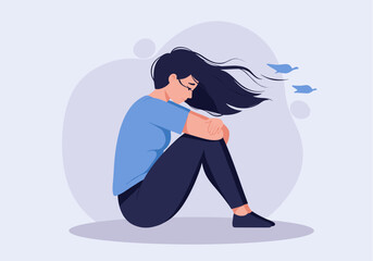 A vector illustration depicts a sad woman sitting with her knees to her chest, her head bowed, conveying feelings of loneliness and emotional distress against a soft, abstract background.