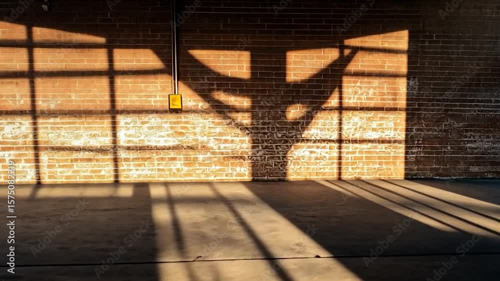 Aufkleber empty room with brick wall golden sunlight shining through large window casting shadows and light pa