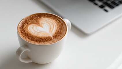 Heart Latte on Laptop, White Desk, Cozy Work
