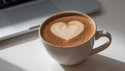 Latte art heart, laptop, cafe, morning, work,  focus,  productivity,  office