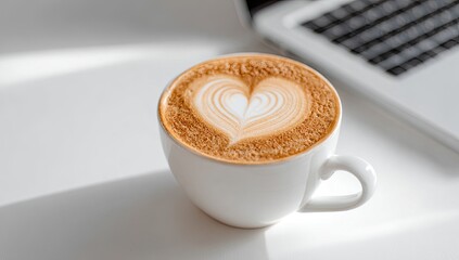 Latte art heart, bright workspace, laptop, coffee break