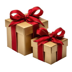 Fototapeta premium Two gold gift boxes with red ribbons and bows are isolated on transparent background