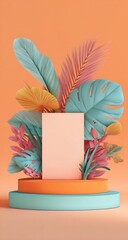 Pastel podium, tropical leaves, display background.  Possible use product presentation