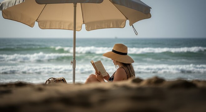 Woman Reading Book on Beach Under Umbrella