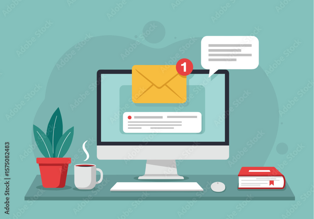 Poster a vibrant flat design illustration depicts a computer monitor displaying a new email notification on