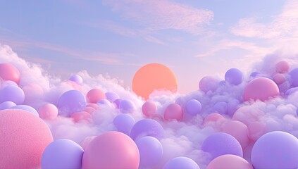 Pastel spheres float on clouds, sunset sky.  Use Background, desktop