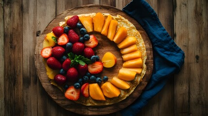 Delicious Pancake with Fresh Strawberries, Blueberries and Persimmons