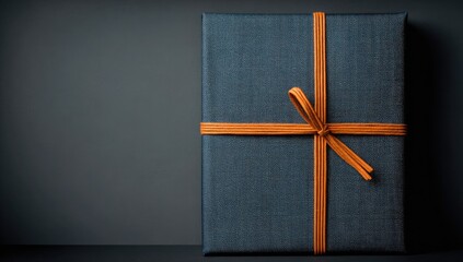 Gift box, tied ribbon, dark gray background, simple, elegant