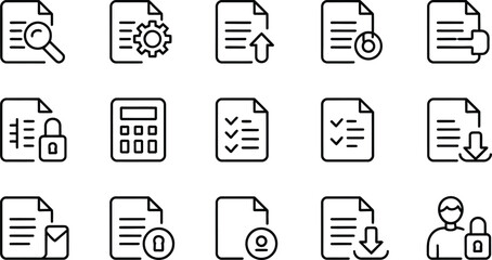 A set of document icons featuring symbols for search settings upload and download options