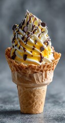 Yellow ice cream cone, studio shot, gray background. Possible use Food photography