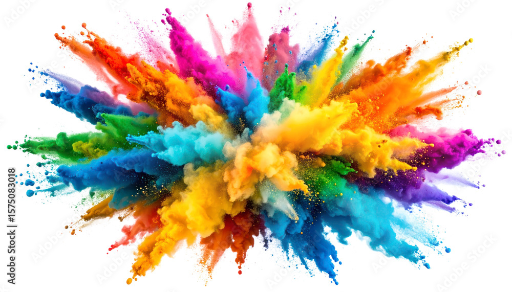 Poster exploding multicolor powder explosion on a transparent background showing vibrant color burst isolat