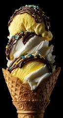 Vanilla & white chocolate ice cream cone, close-up, studio.  Possible use dessert