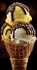 Two scoops ice cream cone, colorful toppings, blurred background.  Perfect dessert