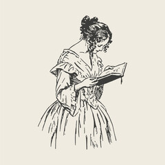 A vintage illustration of a woman reading a book, symbolizing knowledge and education. Classic engraving style, perfect for literary themes.