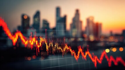 A closeup view of a stock market graph displaying a sharp decline set against a backdrop of a blurred city skyline. This image captures the essence of turmoil and unpredictability in