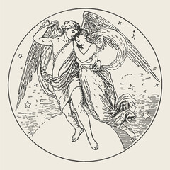 A vintage black and white engraving of two angels embracing in the sky, surrounded by stars in a celestial setting.