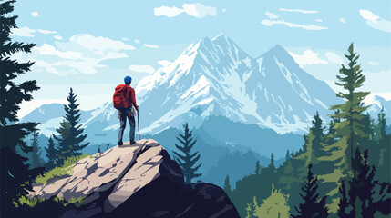 Adventurous man conquers mountain while climbing through lush forest