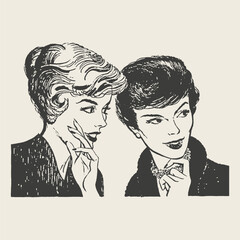 A retro-style black and white illustration of two elegant women in conversation, one whispering to the other.