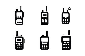 Collection of six distinct black silhouette icons representing various types of portable two way radios and walkie talkies