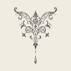 Elegant vintage decorative flourish ornament with symmetrical floral details, ideal for invitations, frames, or tattoo designs.