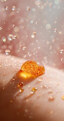 Skin Serum Drop, Water Droplets, Soft Pink Background.  Beauty Product