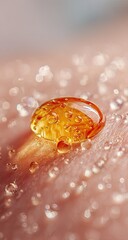 Amber drop on wet skin, close-up, hydration
