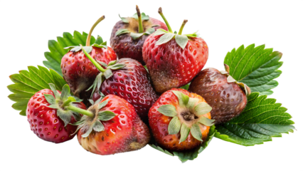 Pile of ripe and overripe red strawberries with green leaves on black background isolated on a transparent background