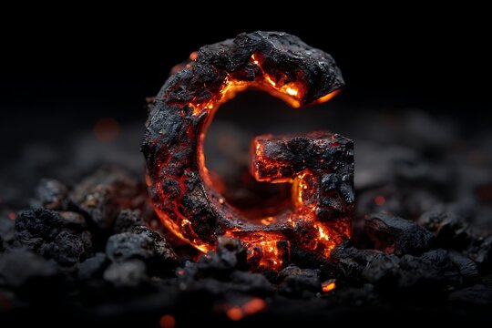 A fiery letter g amidst charred remains glowing with intense heat on a dark background setting