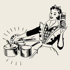Vintage illustration of a happy housewife cooking with multiple pots on a stove, holding a can of cleanser. Perfect for retro kitchen, 1950s advertising, and homemaking themes.