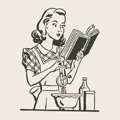 Retro black-and-white illustration of a young woman in an apron reading a cookbook while mixing ingredients. Ideal for vintage kitchen, baking, and homemaking themes.
