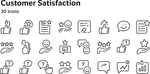 A collection of customer satisfaction icons with thumbs up, stars, and smiles