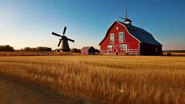 Rustic farm landscape featuring a red barn a windmill and golden wheat fields under a clear blue sky during sunset creating a warm and inviting atmosphere