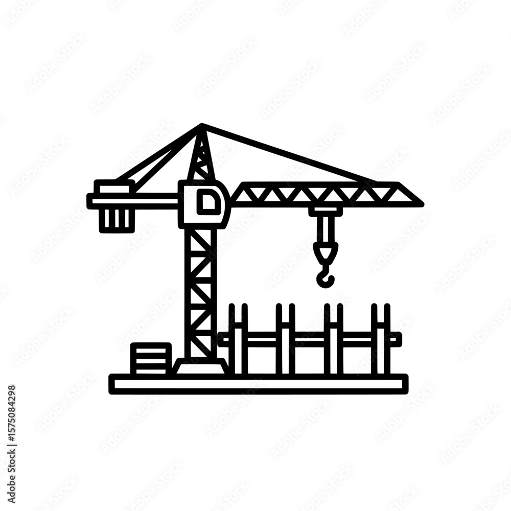 Poster construction crane with hook and scaffolding for building projects