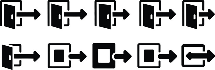 A set of ten black and white exit and entrance icons with arrows on a white background
