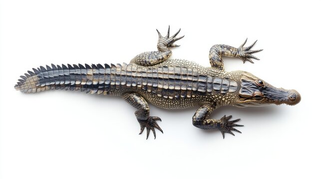 A full body shot of a yacare caiman lying on a white surface showcasing its textured skin and sharp claws