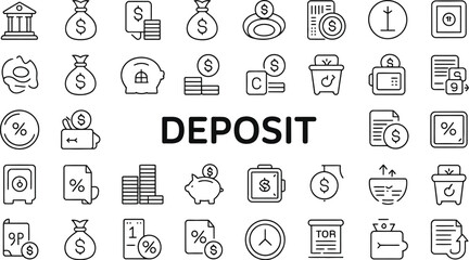 A collection of financial icons depicting banking and deposit related activities