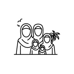 Family group with women and children enjoying nature and palm trees