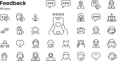 A collection of thirty feedback icons including people, hearts, stars and speech bubbles