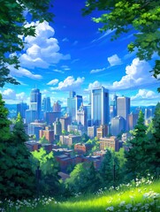 Obraz premium City skyline view framed by lush greenery under a bright blue sky.