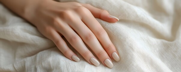 Neutral gradient manicure, artistic minimalism, woman’s hand over soft linen
