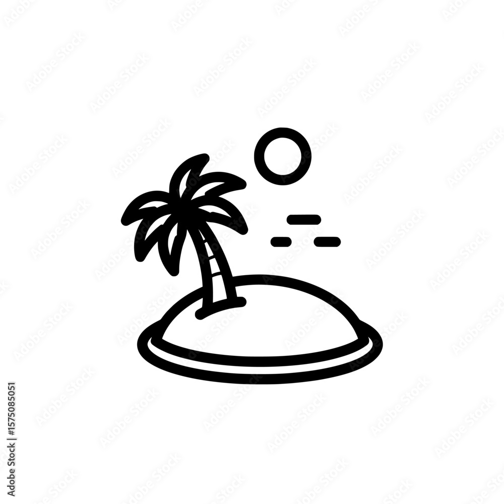 Poster palm tree on an island with sun and clouds in simple style