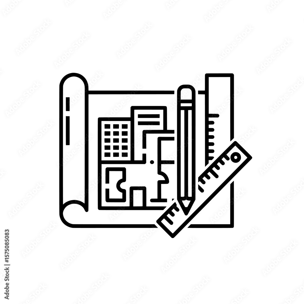 Poster architectural blueprint with ruler and pencil for planning spaces