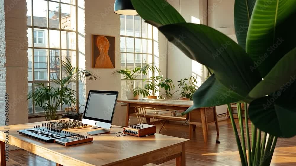 Poster bright interior workspace showcasing a desk with a computer musical instruments and a large leafy pl
